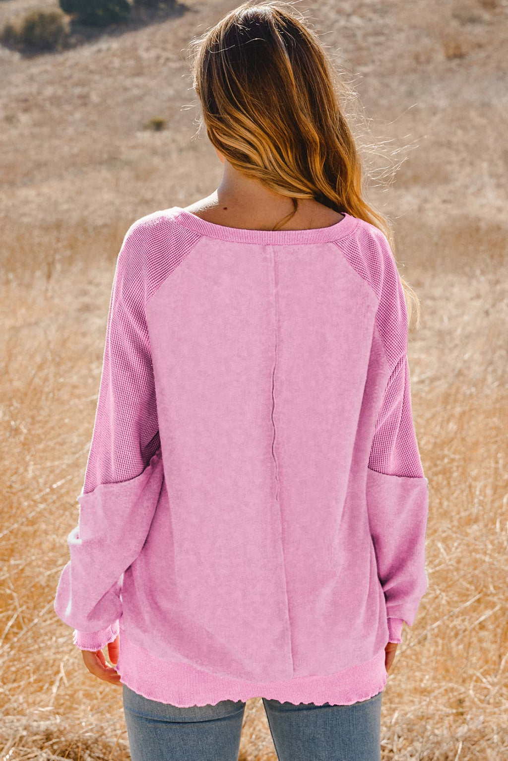 Clothing Waffle Knit Patchwork Raglan Sleeve Sweatshirt: Blue / Missy / L