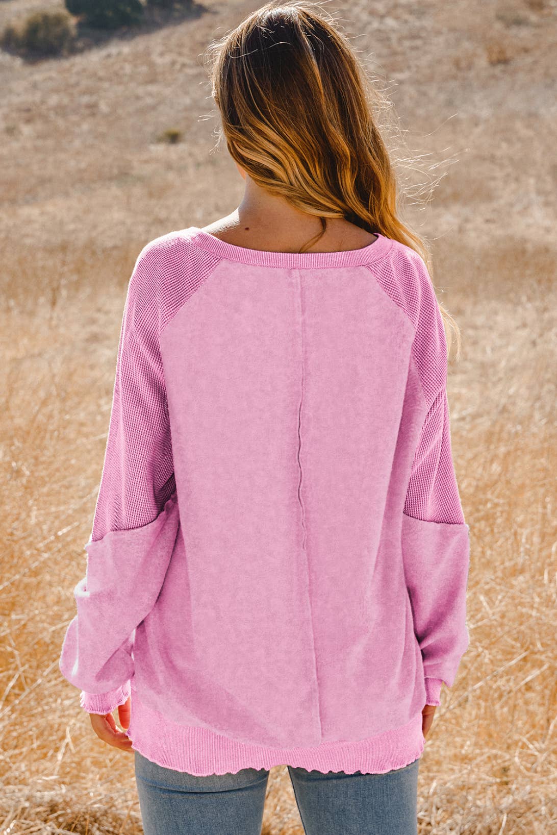 Clothing Waffle Knit Patchwork Raglan Sleeve Sweatshirt: Blue / Missy / L