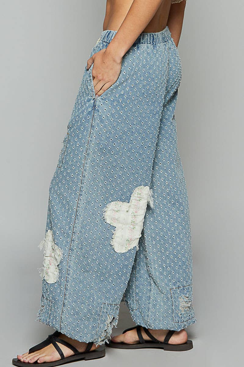 Elastic band textured twill woven jogger pants: LIGHT DENIM / M