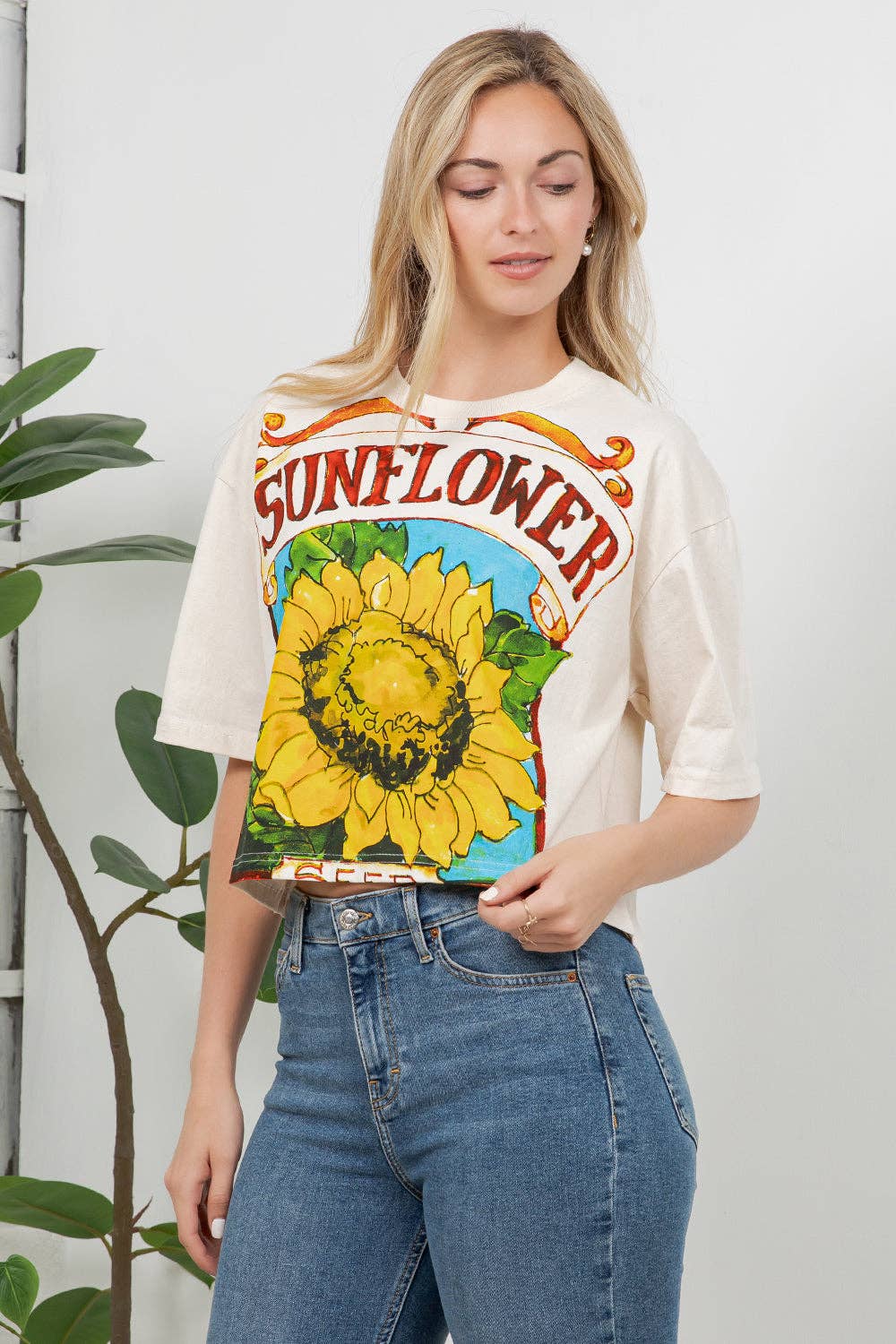 Sunflower Print Cotton Crop Top: M