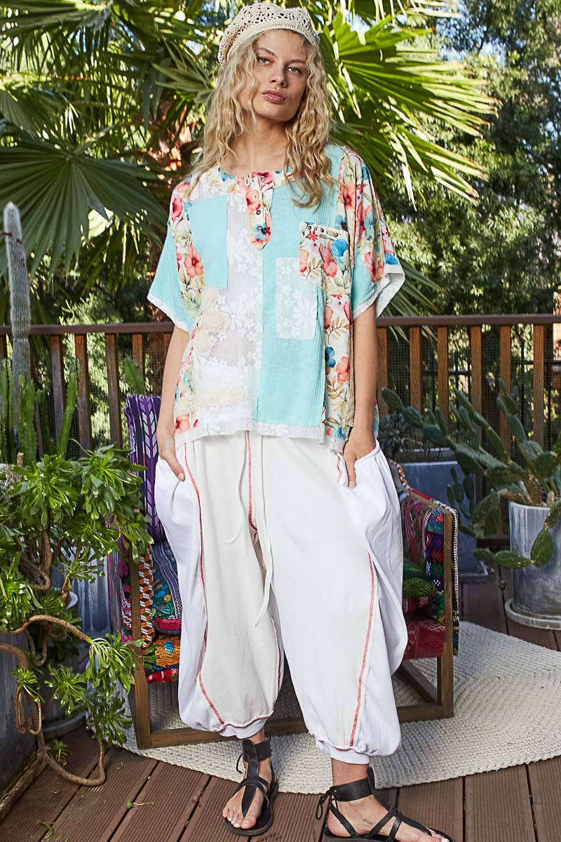 Round Neck Short Sleeve Floral Knit Rib Top SALE: AQUA