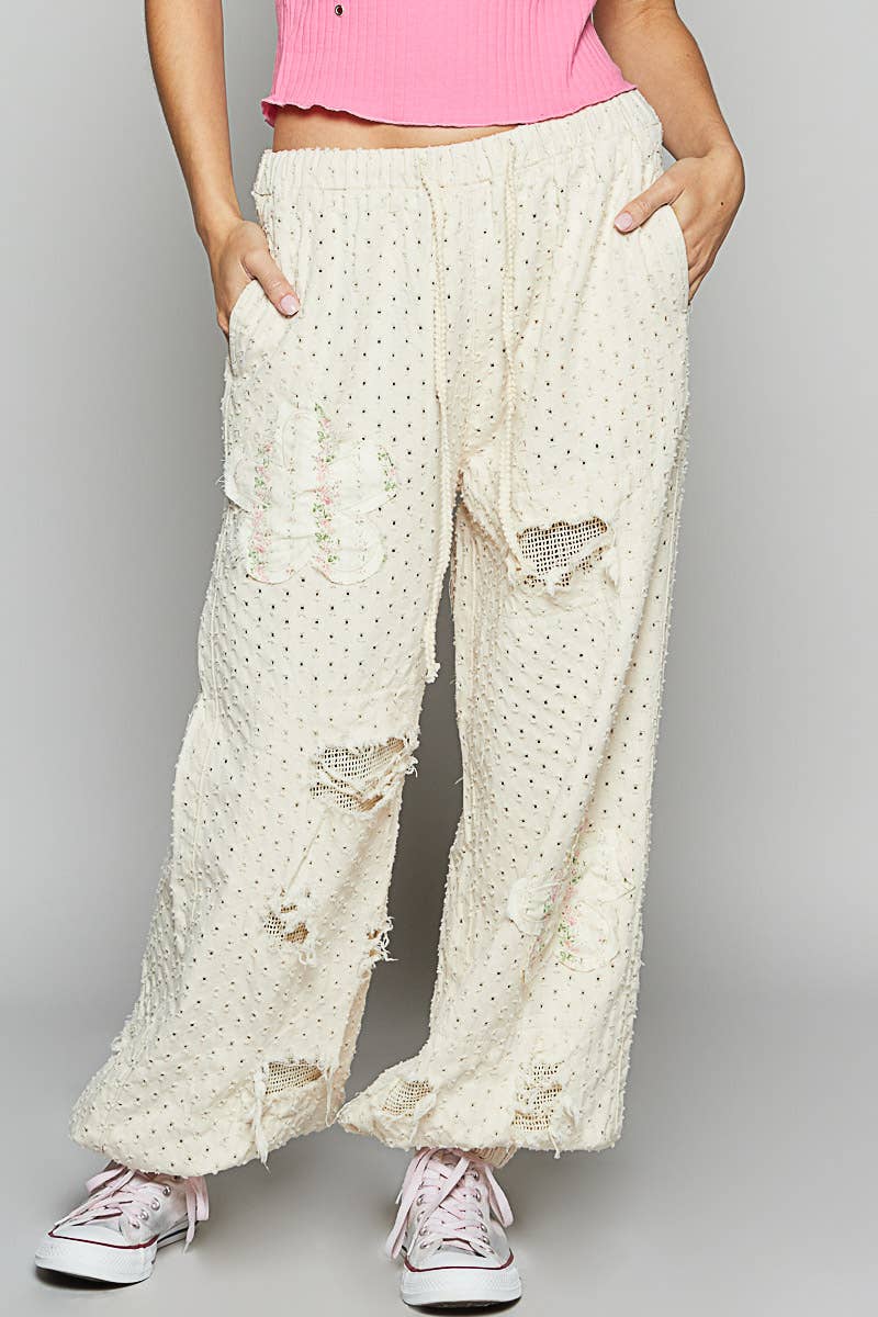 Elastic band textured twill woven jogger pants: LIGHT DENIM / L