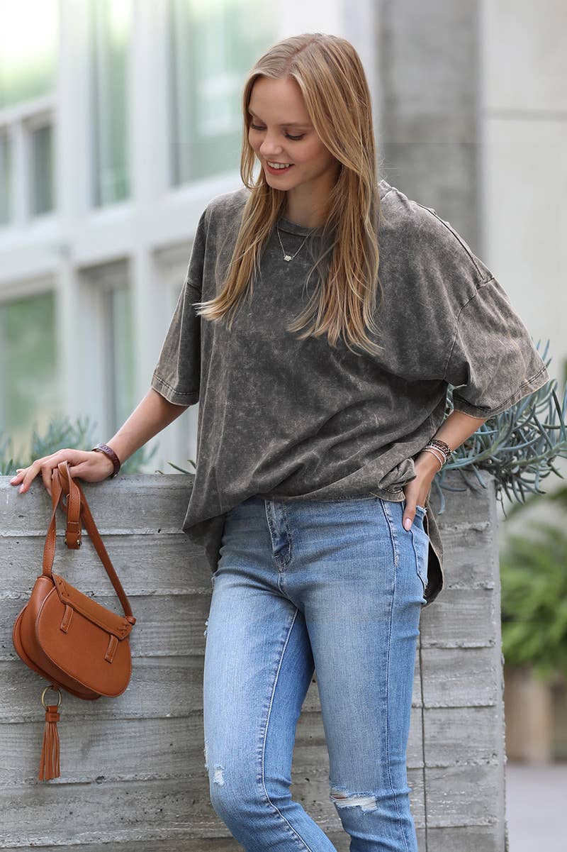 Washed Short Sleeves Top As Shown Zenana: CAMEL-167353 / M