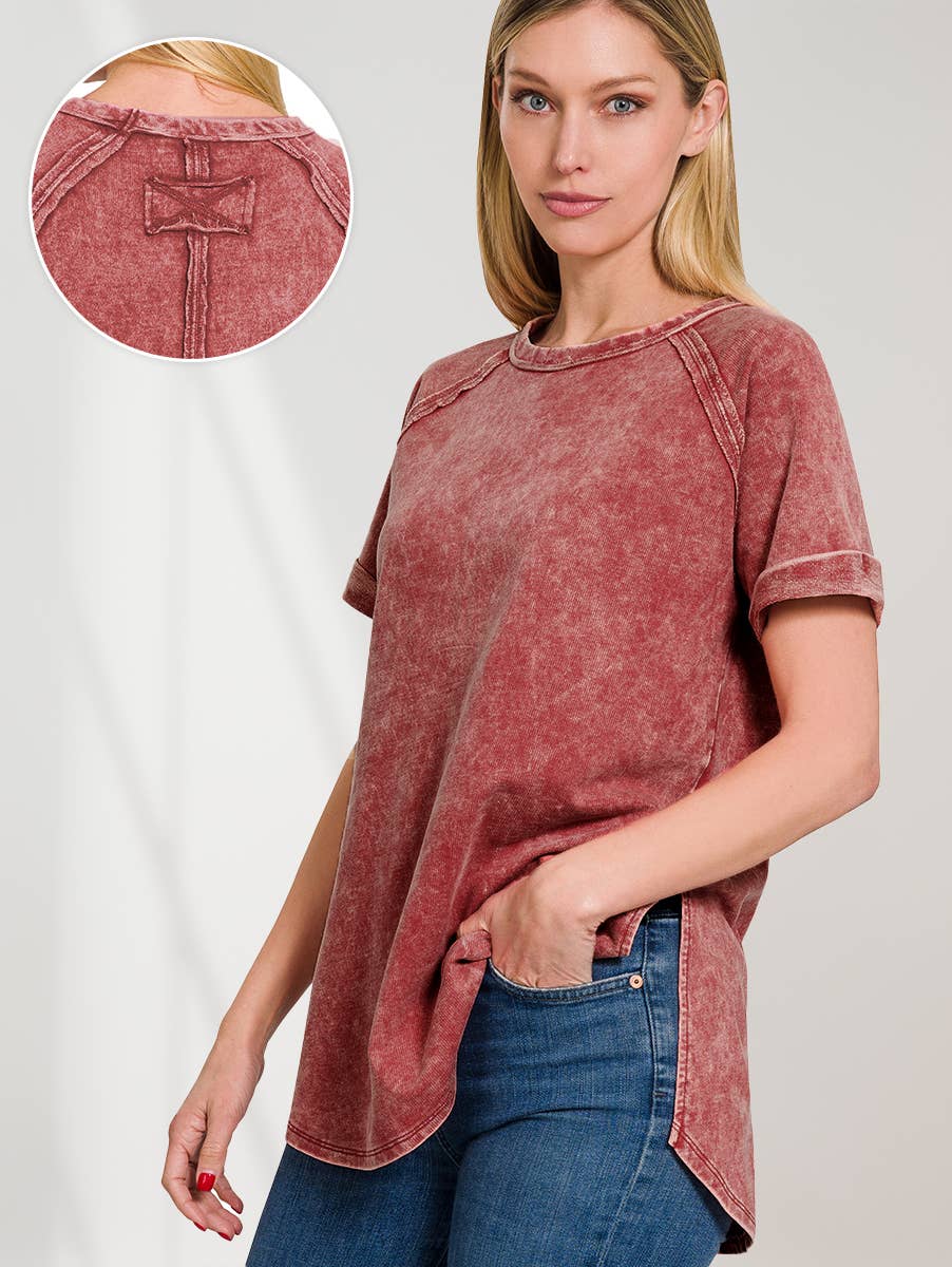 French Terry Vintage Wash Casual Top W/ Back Patch Zenana: ASHMOCHA-163550 / S