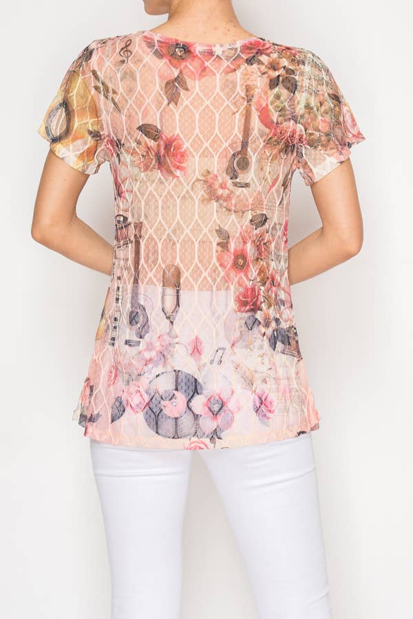 Sheer Lattice Mesh Short Sleeve Blouse – OLS-4868BG-PK GUITAR: PK GUITAR / L