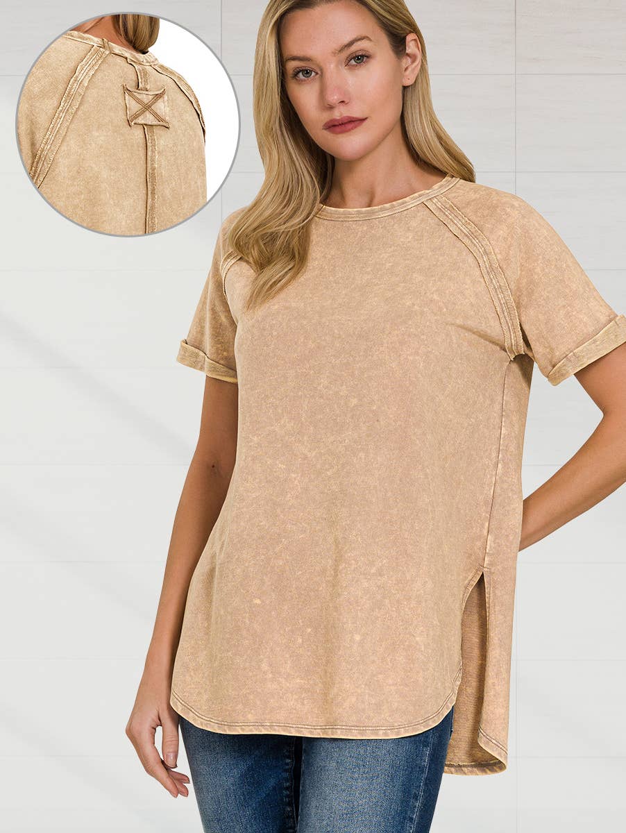 French Terry Vintage Wash Casual Top W/ Back Patch Zenana: ASHMOCHA-163550 / S