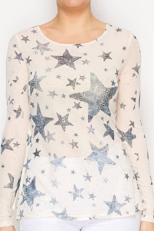 Sparkly Sheer Mesh Top  – 4847BG BLUE STAR: BLUE STAR / M