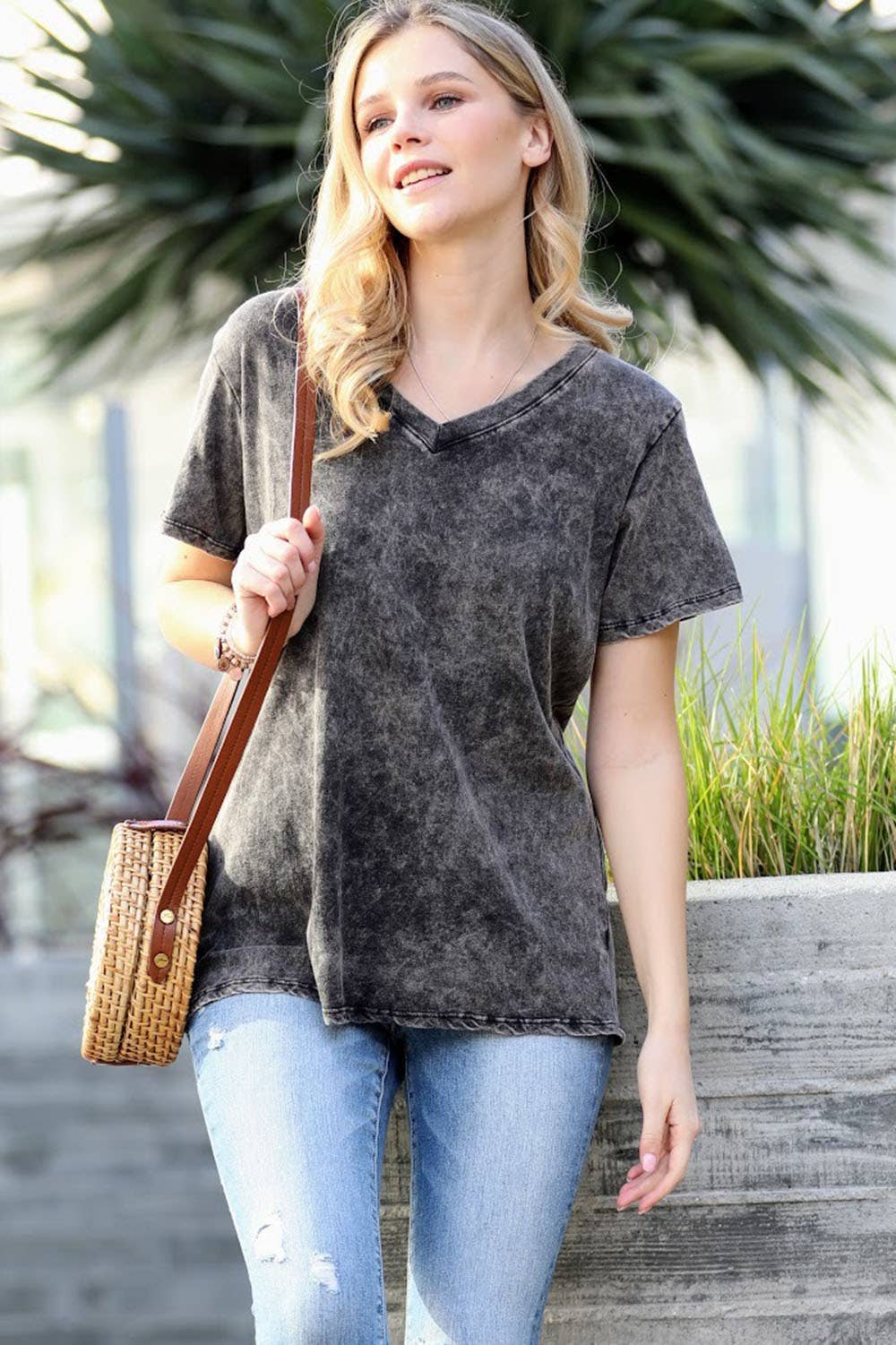 Washed Short Sleeves Top As Shown Zenana: CAMEL-167353 / M