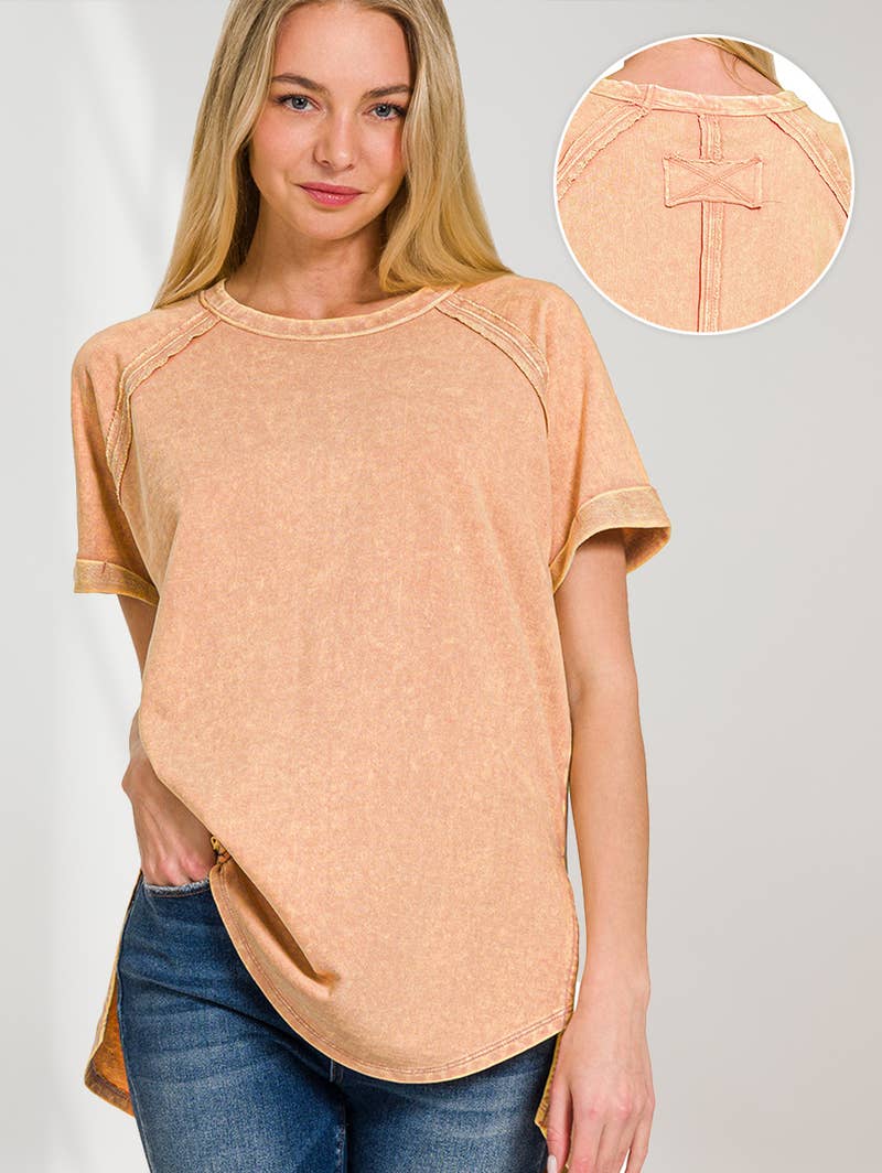 French Terry Vintage Wash Casual Top W/ Back Patch Zenana: ASHMOCHA-163550 / XL