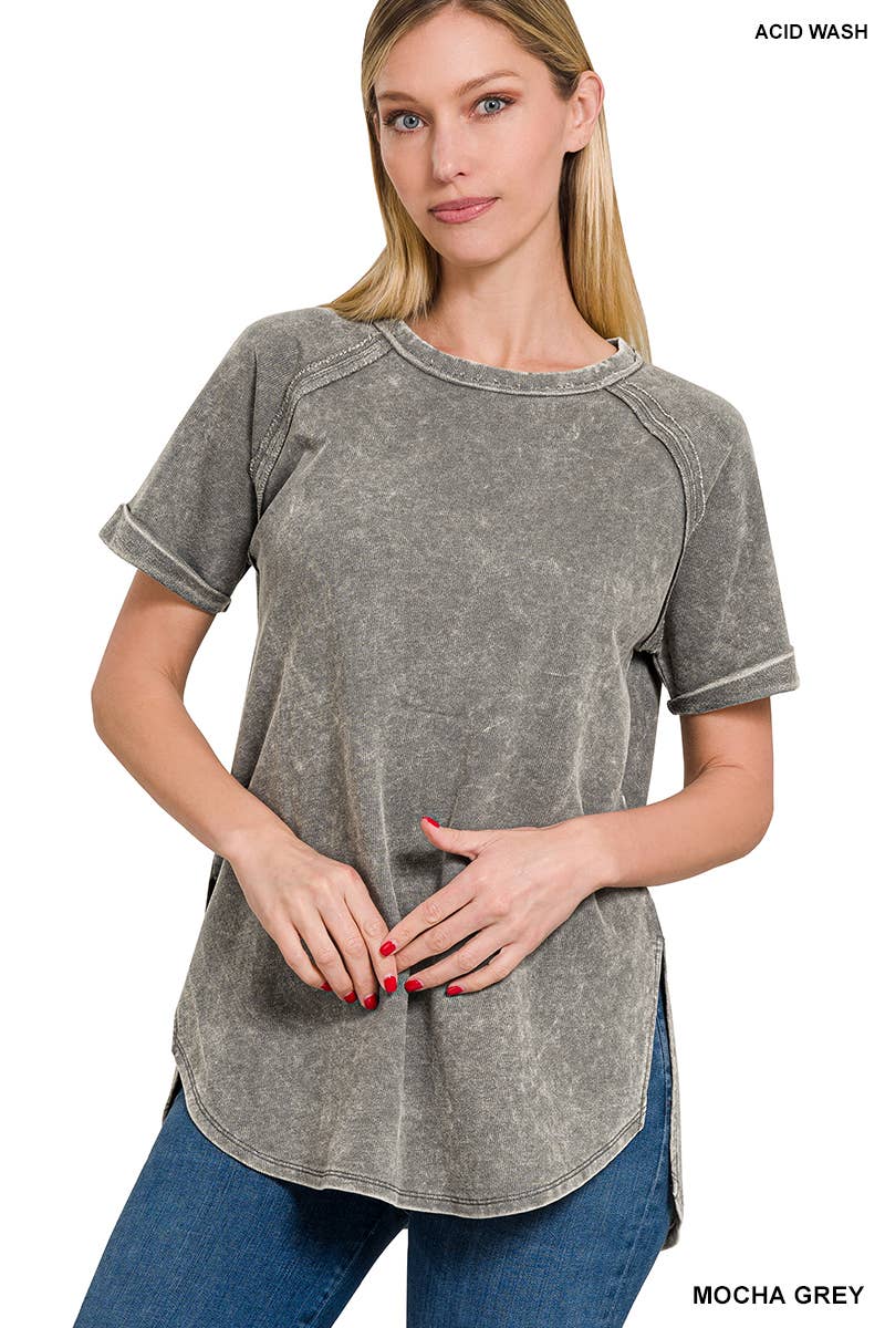 French Terry Vintage Wash Casual Top W/ Back Patch Zenana: ASHMOCHA-163550 / XL