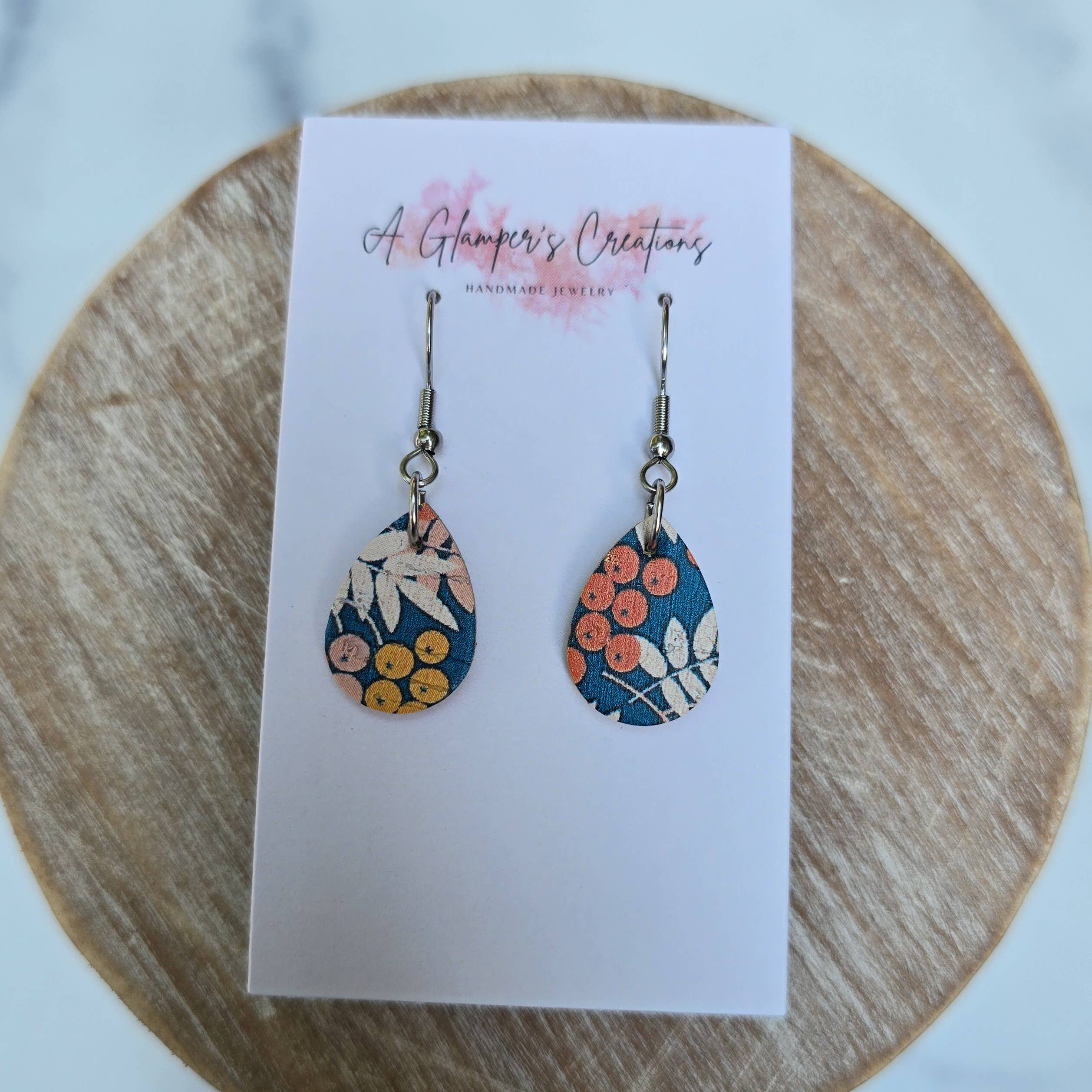 Orange & Blue Floral MINI Teardrop Leather Earrings