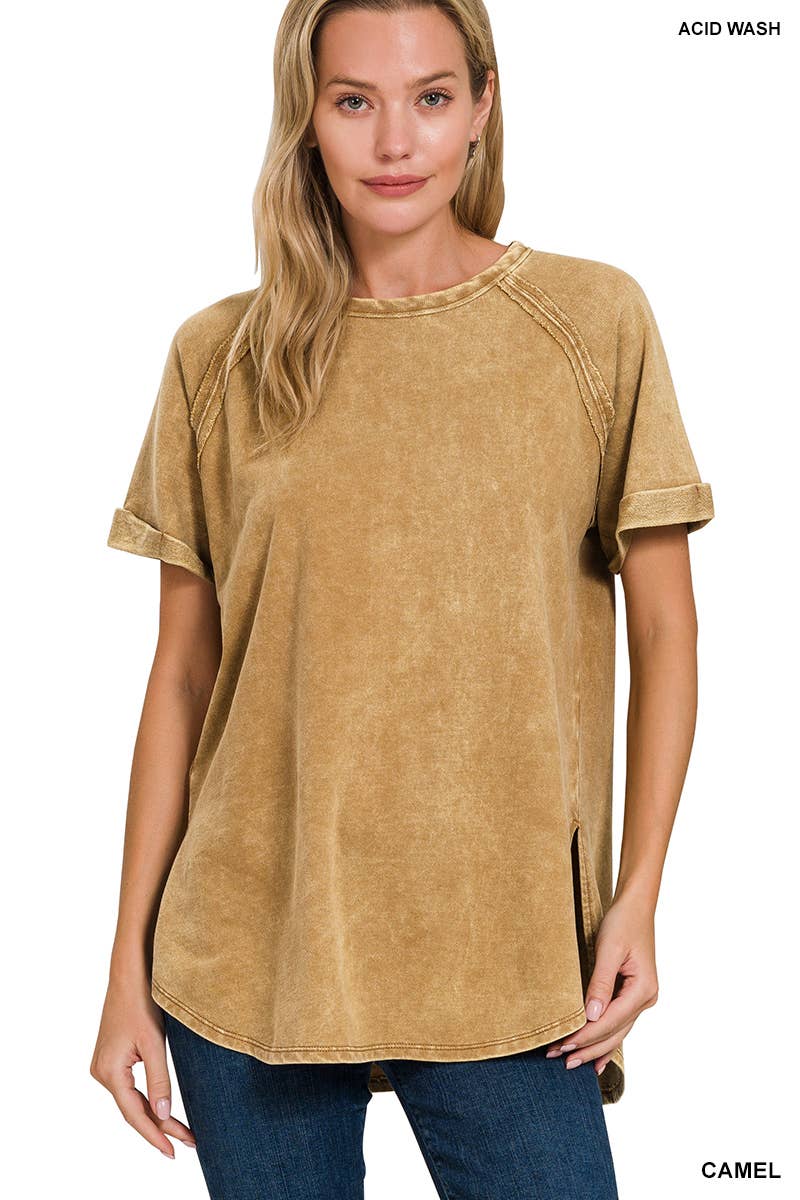 French Terry Vintage Wash Casual Top W/ Back Patch Zenana: ASHMOCHA-163550 / M