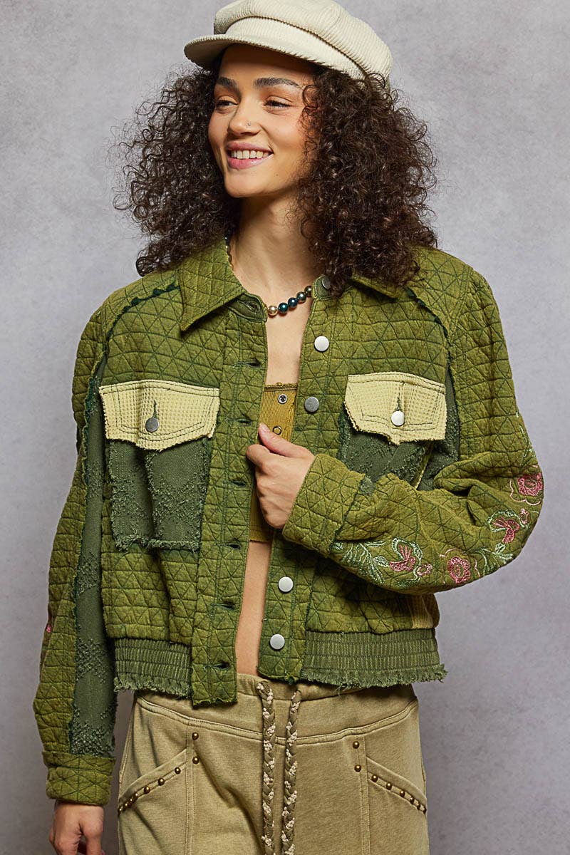 Vintage washed embroidered sleeve quilted jacket: BASIL MULTI /