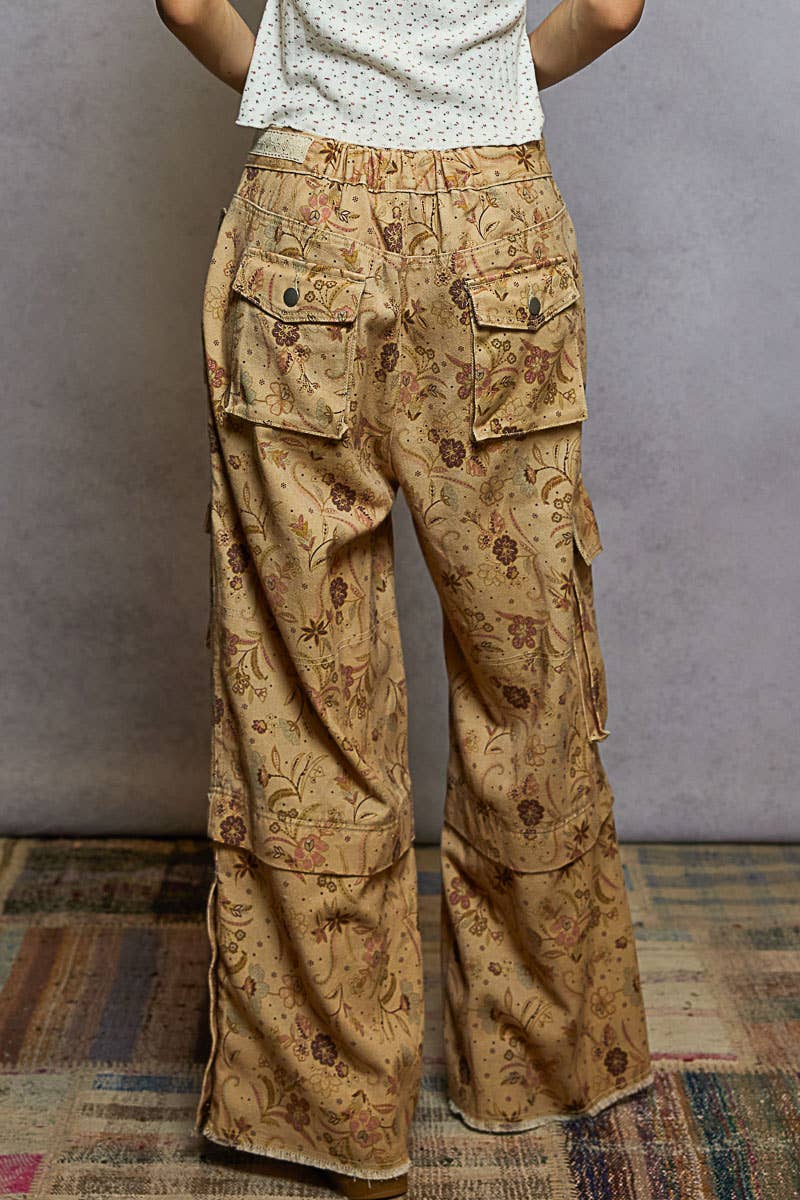 Lace waist drawstring striped casual pants: VANILLA FLORAL / L