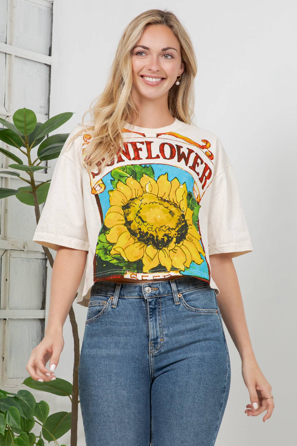Sunflower Print Cotton Crop Top: S
