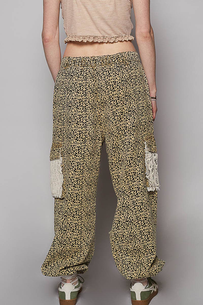 Vintage Wash Crochet Patches Distress Jogger Pants SALE: SAND LEOPARD