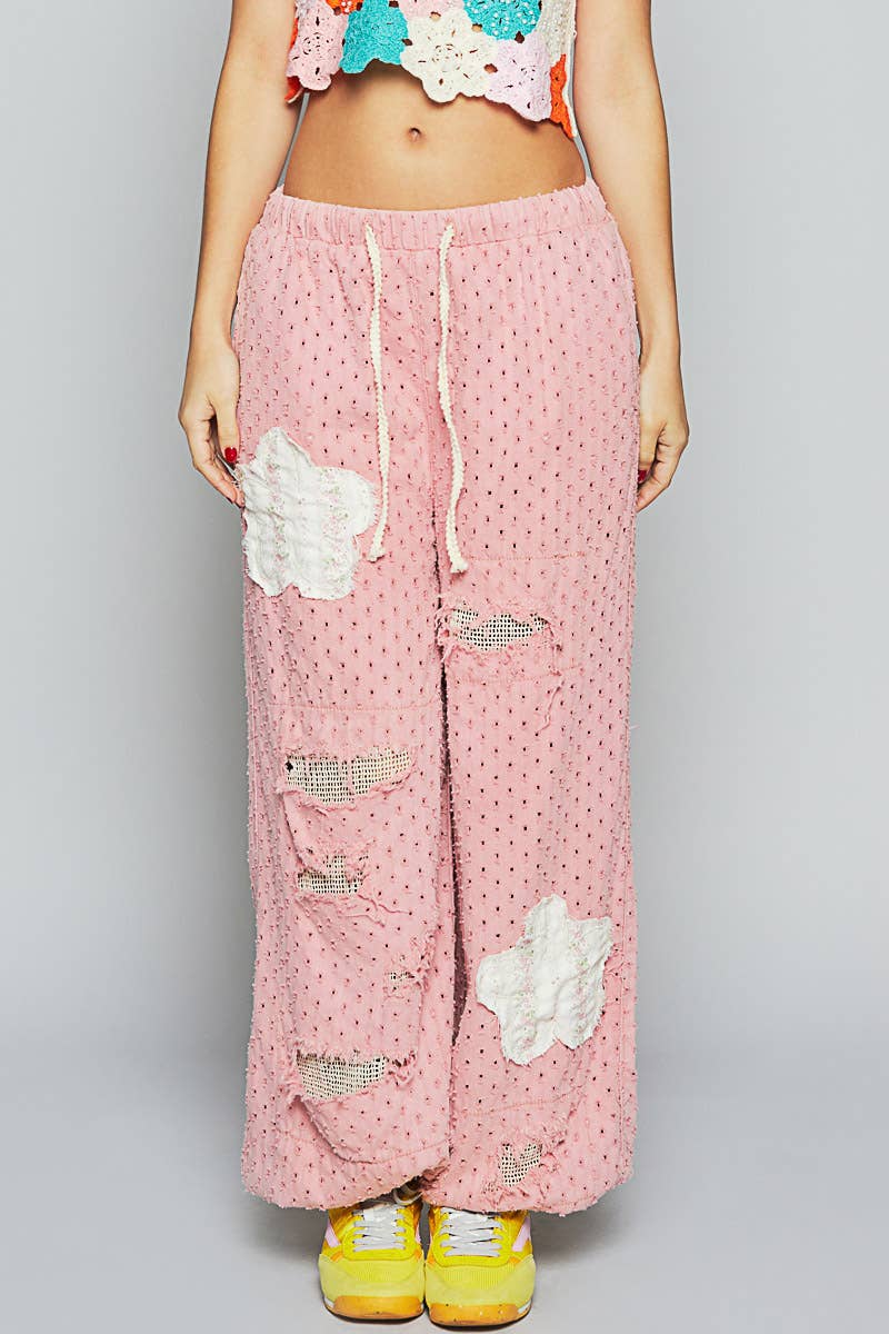 Elastic band textured twill woven jogger pants: LIGHT DENIM / L