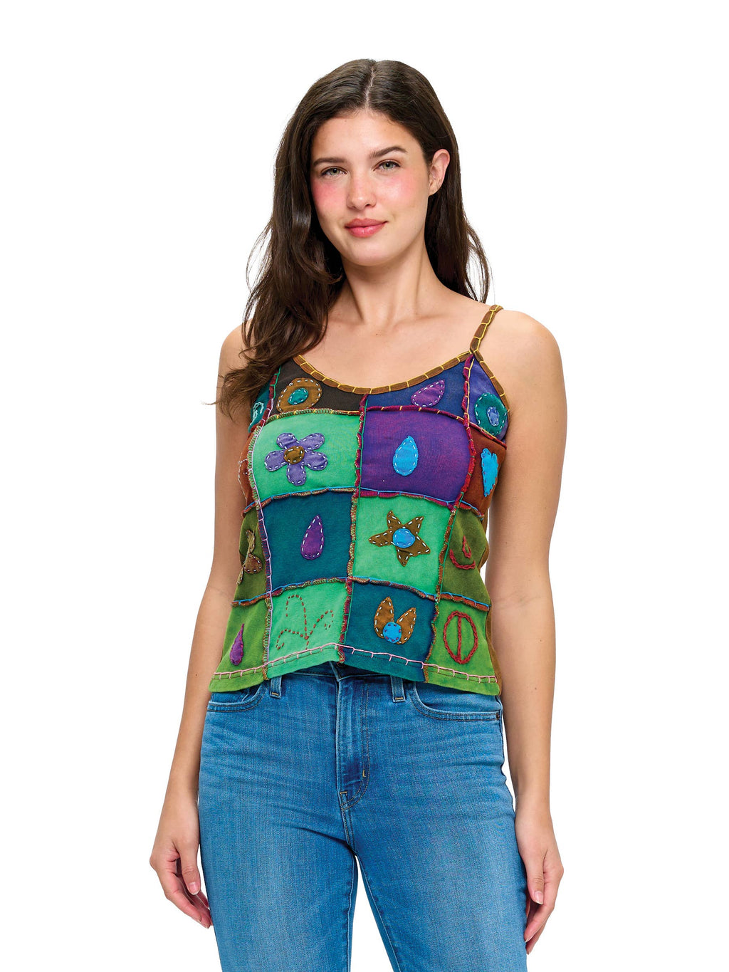 Tank Top Patchwork Handstitched Detailing: Green Multi / L/XL