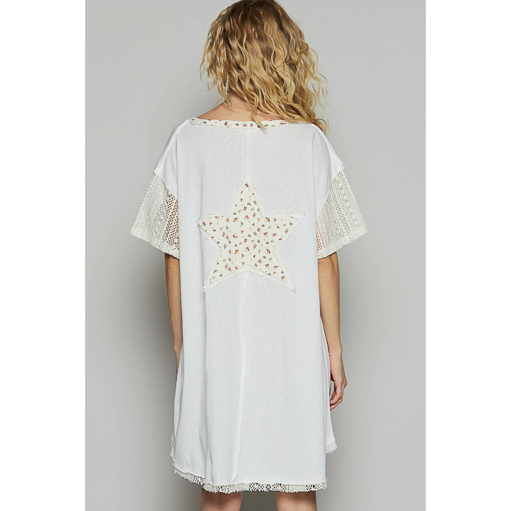 Pol Vintage washed short sleeve star patches tunic top SALE: OFF WHITE