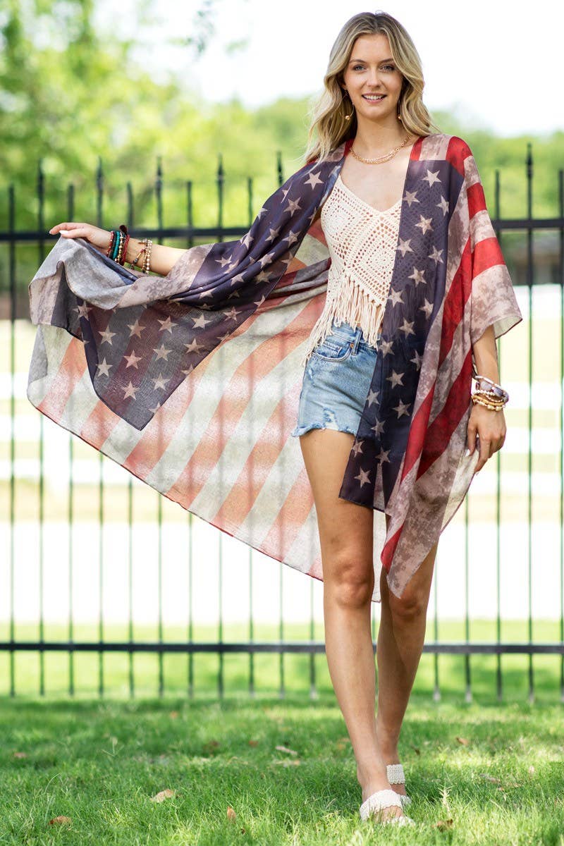 Vintage Inspired USA Print Kimono: Flag / OS
