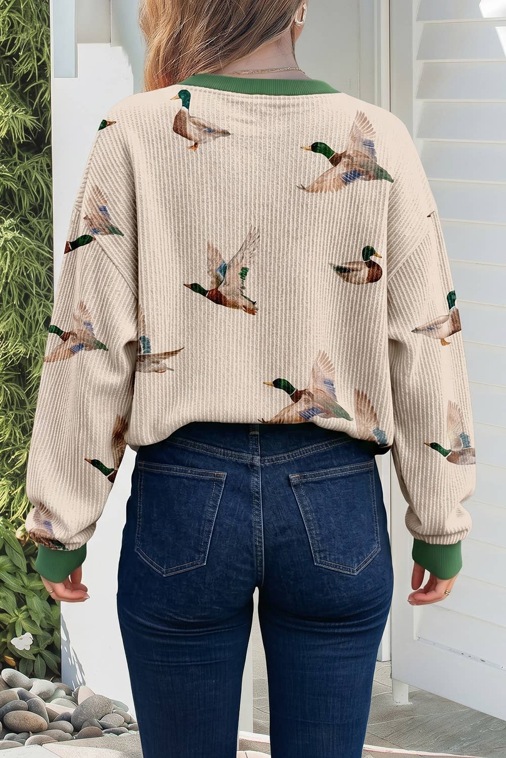 Mallard Duck Print Ribbed Casual Pullover S-4X: Beige / M