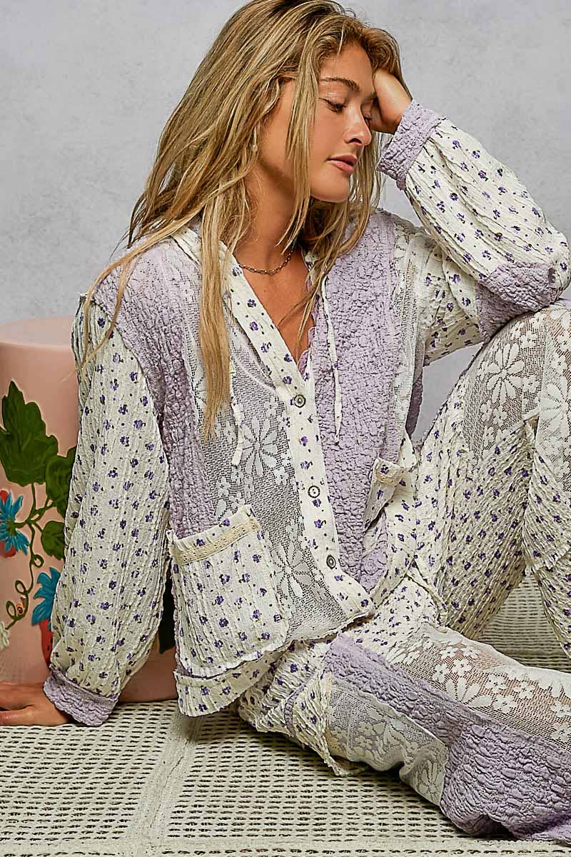 Balloon sleeves lace floral knit hoodie jacket SALE: LAVENDER