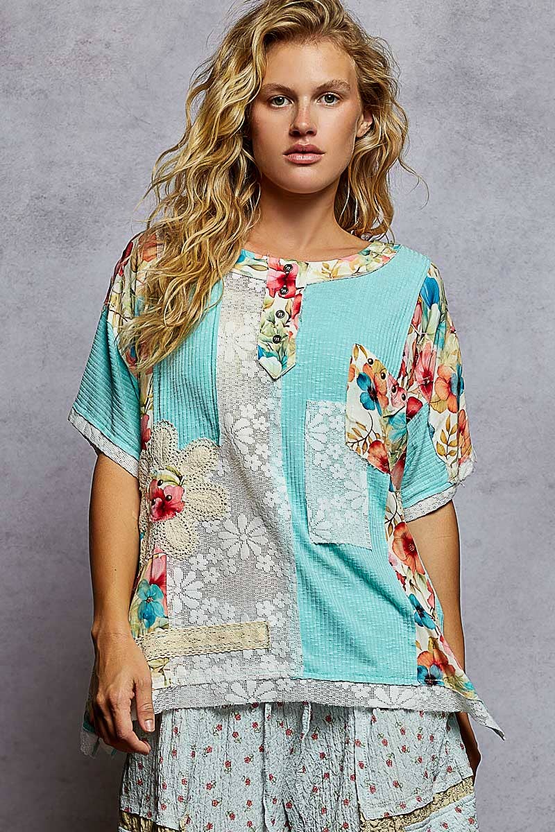 Round Neck Short Sleeve Floral Knit Rib Top SALE: AQUA