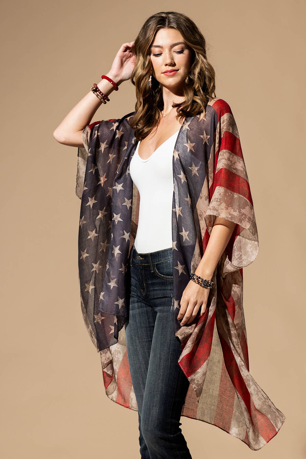 Vintage Inspired USA Print Kimono: Flag / OS
