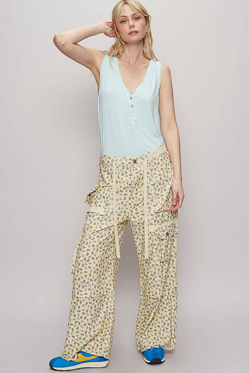 Lace waist drawstring striped casual pants: VANILLA FLORAL / L